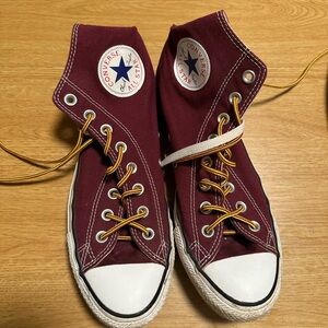 Converse Burgundy High-Tops with Mustard Laces